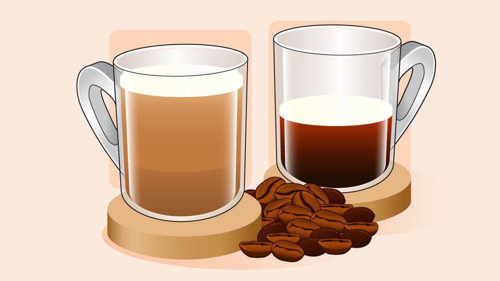 Two glass mugs of coffee, one with milk and one black, surrounded by roasted coffee beans.