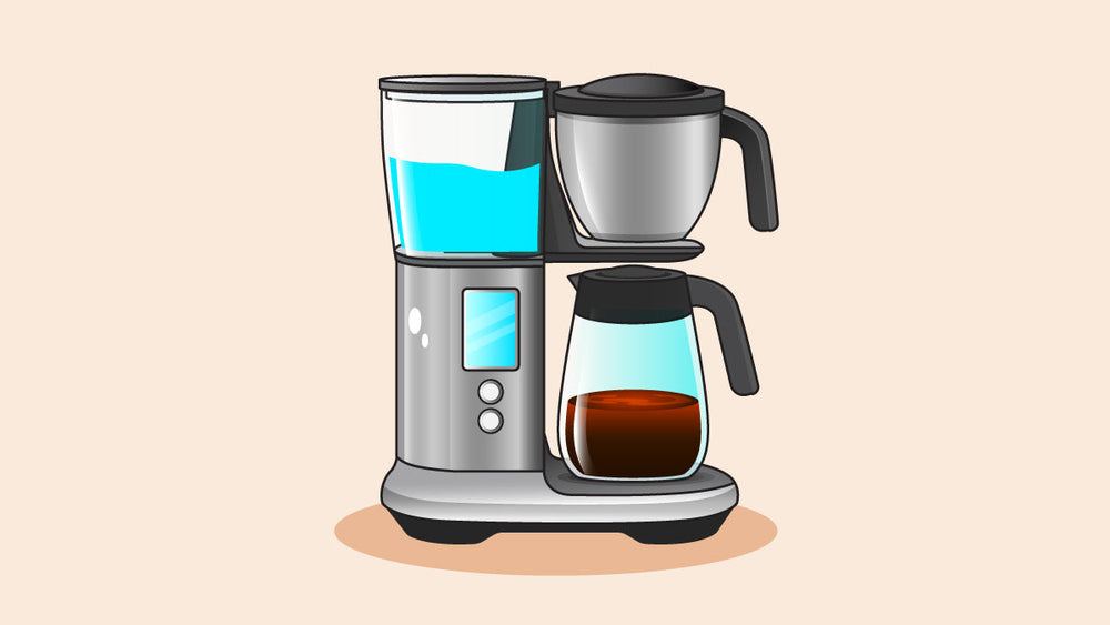 Modern drip coffee maker with a glass carafe filled with freshly brewed coffee, a water reservoir, and a digital control panel