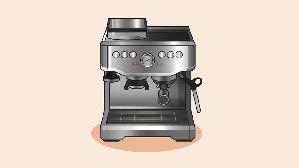 Illustration of a stainless steel espresso machine with dual portafilters, a steam wand, a pressure gauge, and a built-in grinder for brewing espresso drinks