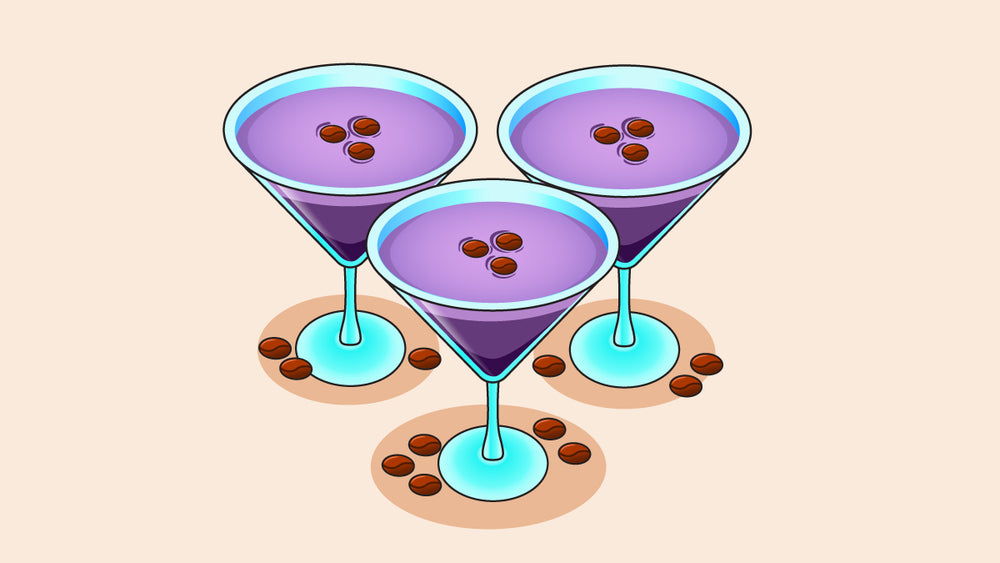 Three glasses of ube espresso martini.