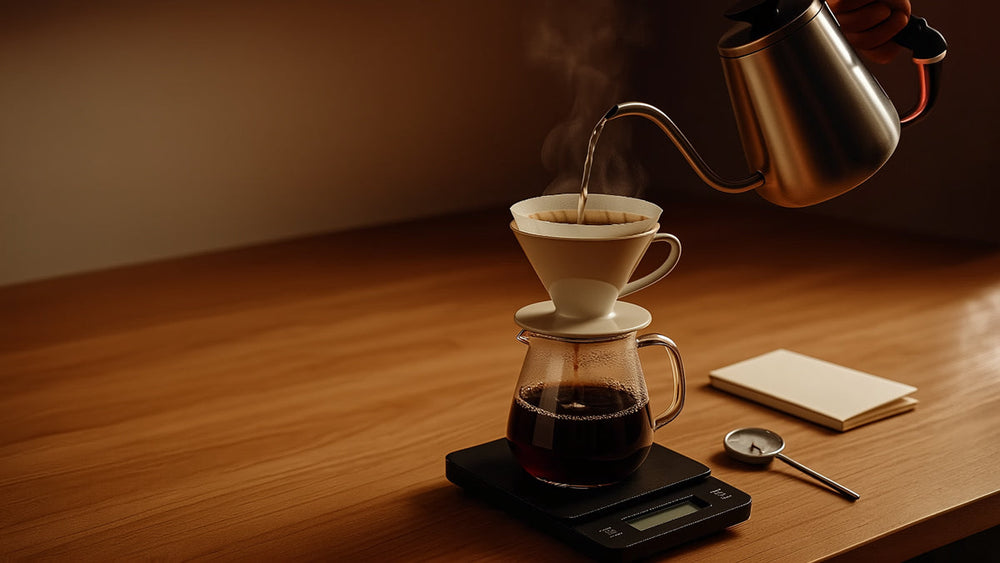 Pour-over coffee brewing into a glass carafe on a digital scale as hot water pours from a gooseneck kettle.