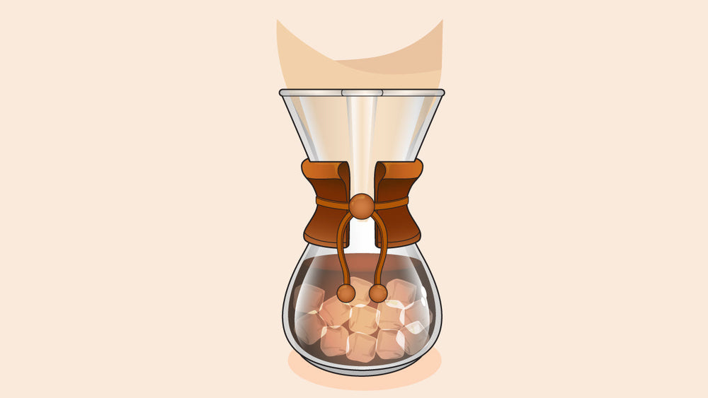 Flash brew coffee dripping into a Chemex with ice