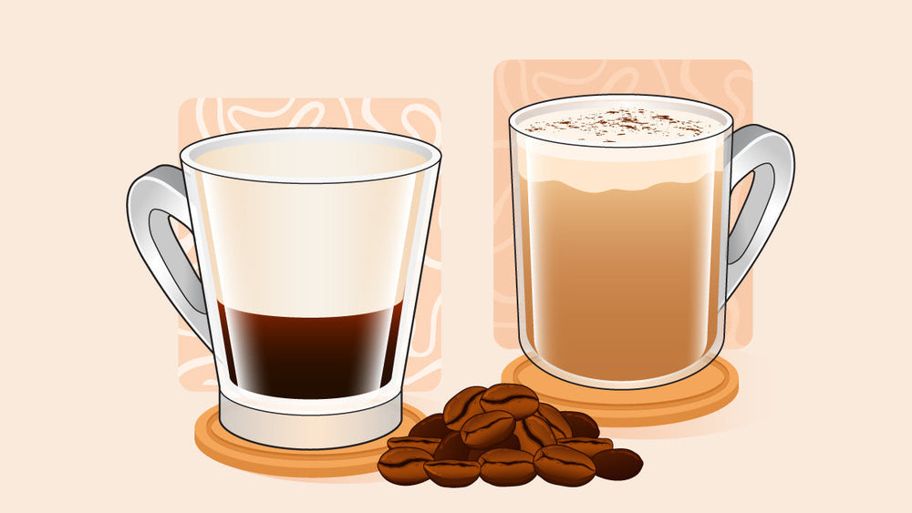 Glass cups of macchiato and cappuccino side by side with coffee beans in front.