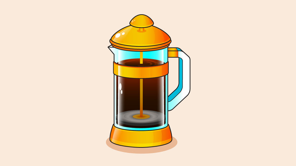 French press with a yellow lid and base, filled with brewed coffee.