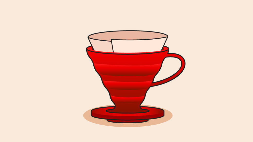 Illustration of a red Hario V60 coffee dripper with a paper filter, designed for pour-over coffee brewing