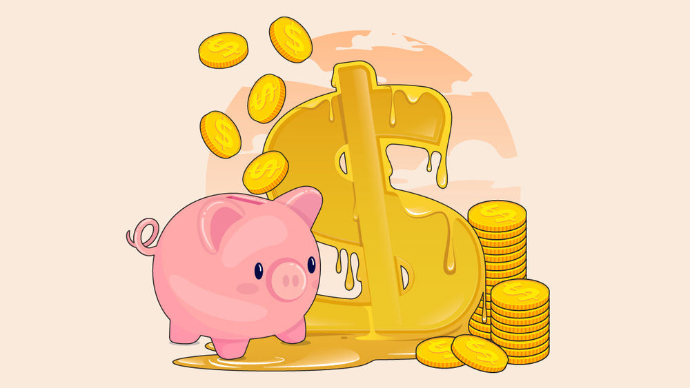 Pink piggy bank surrounded by gold coins and a large melting dollar sign, symbolizing saving money.