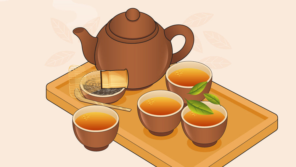 Brown teapot with four cups of tea on a wooden tray, next to a bamboo strainer and loose leaves.