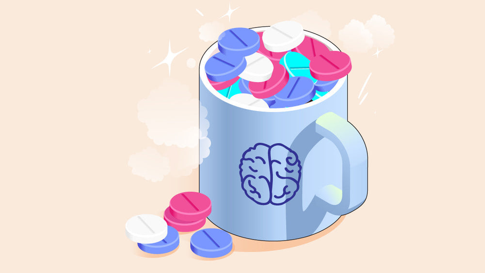Blue mug filled with colorful pills and a brain icon.