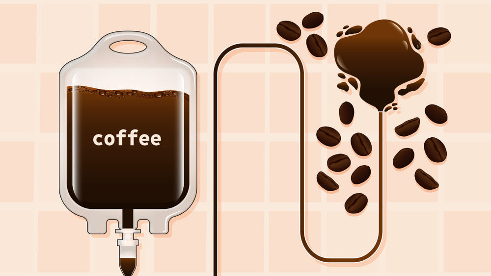 Coffee IV bag connected to a heart-shaped coffee spill and scattered beans.