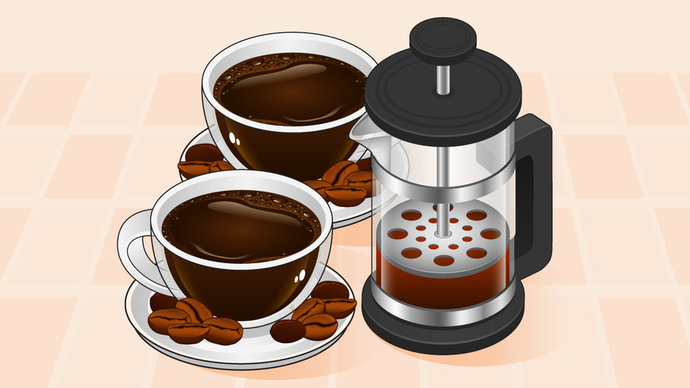 Two cups of black coffee with coffee beans beside a French press.