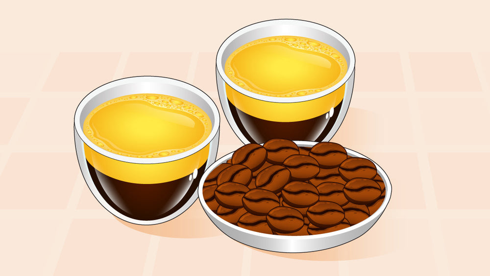 Two cups of espresso with golden crema beside a bowl of roasted coffee beans.