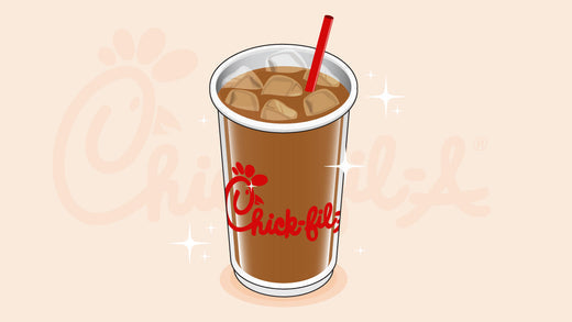  Iced coffee in a Chick-fil-A branded cup, filled with ice cubes and a red straw