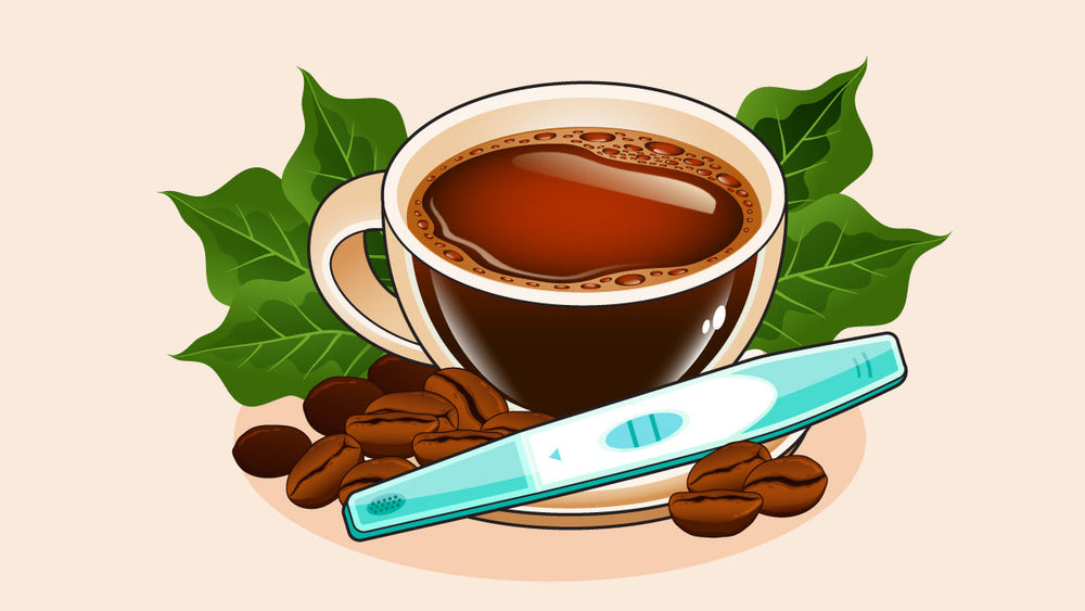 Cup of coffee surrounded by green leaves, coffee beans, and a positive pregnancy test placed in front.