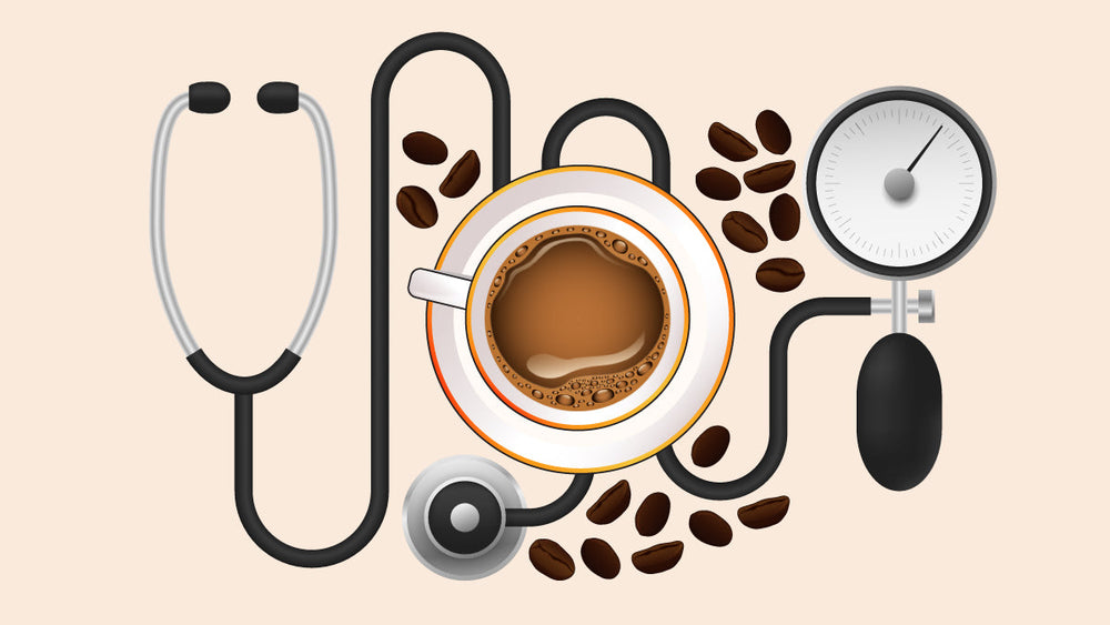 Coffee cup surrounded by coffee beans, stethoscope, and blood pressure monitor.