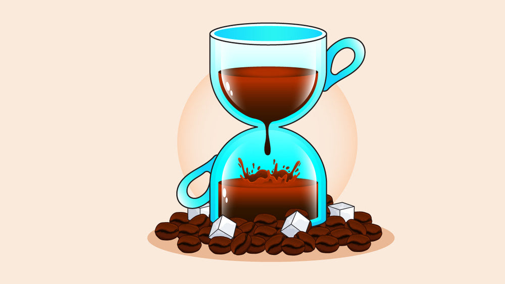 Coffee in an hourglass showing how long it takes to kick in.