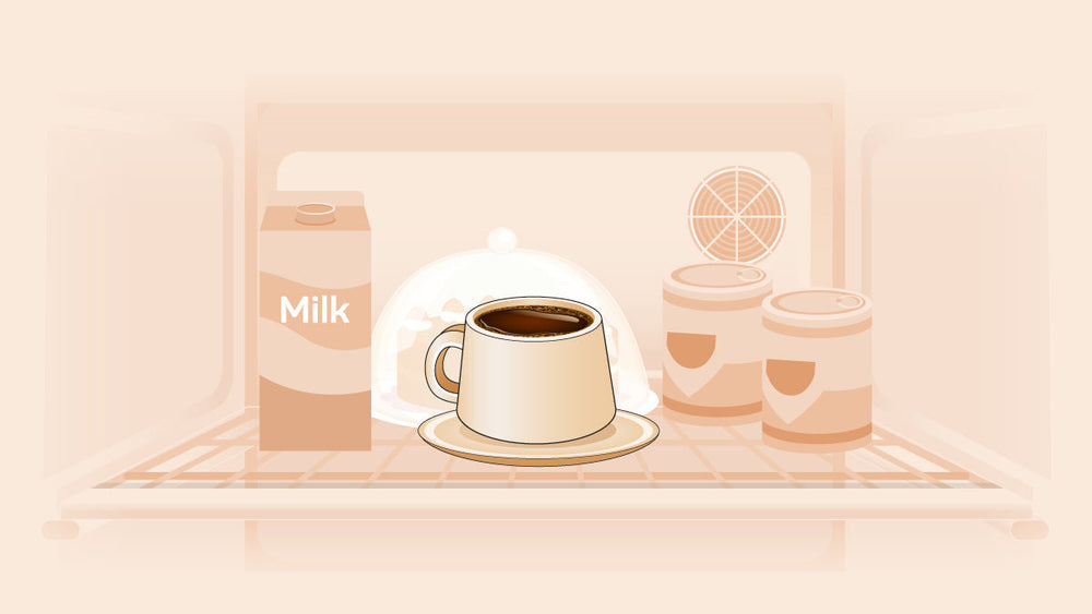 Cup of coffee inside a refrigerator with milk and jars