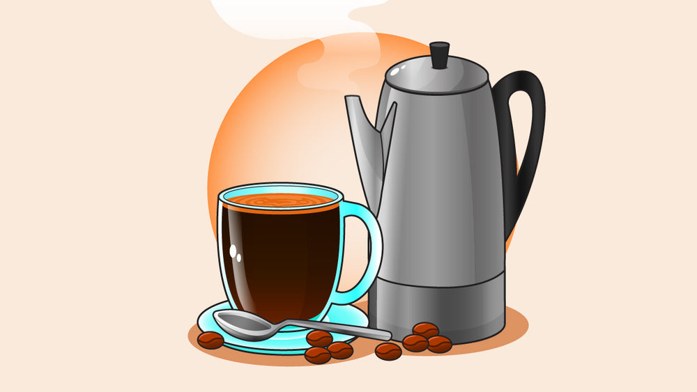 A steaming percolator with a fresh cup of coffee next to it.