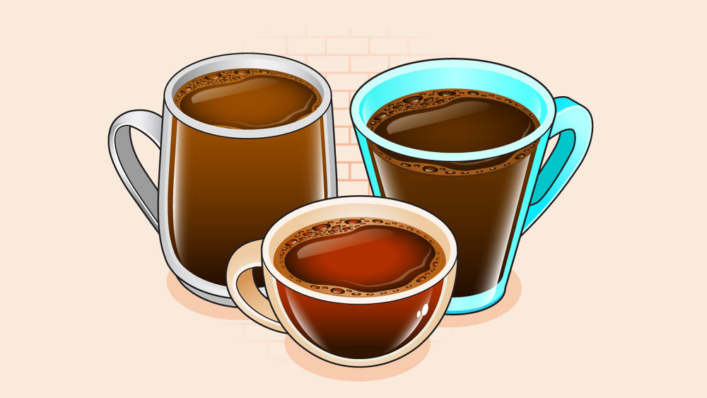 Three cups of coffee in different mugs, including an espresso cup, a travel mug, and a tall glass coffee mug