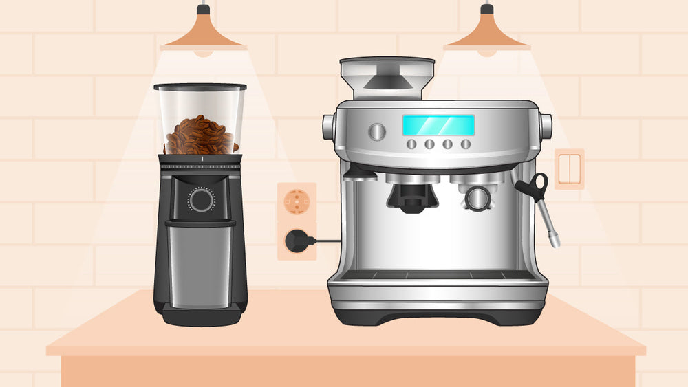 a coffee grinder filled with beans and a modern espresso machine on a countertop under warm lighting