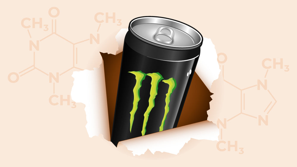 Monster energy drink popping out of a wallpaper with the caffeine chemical structure.