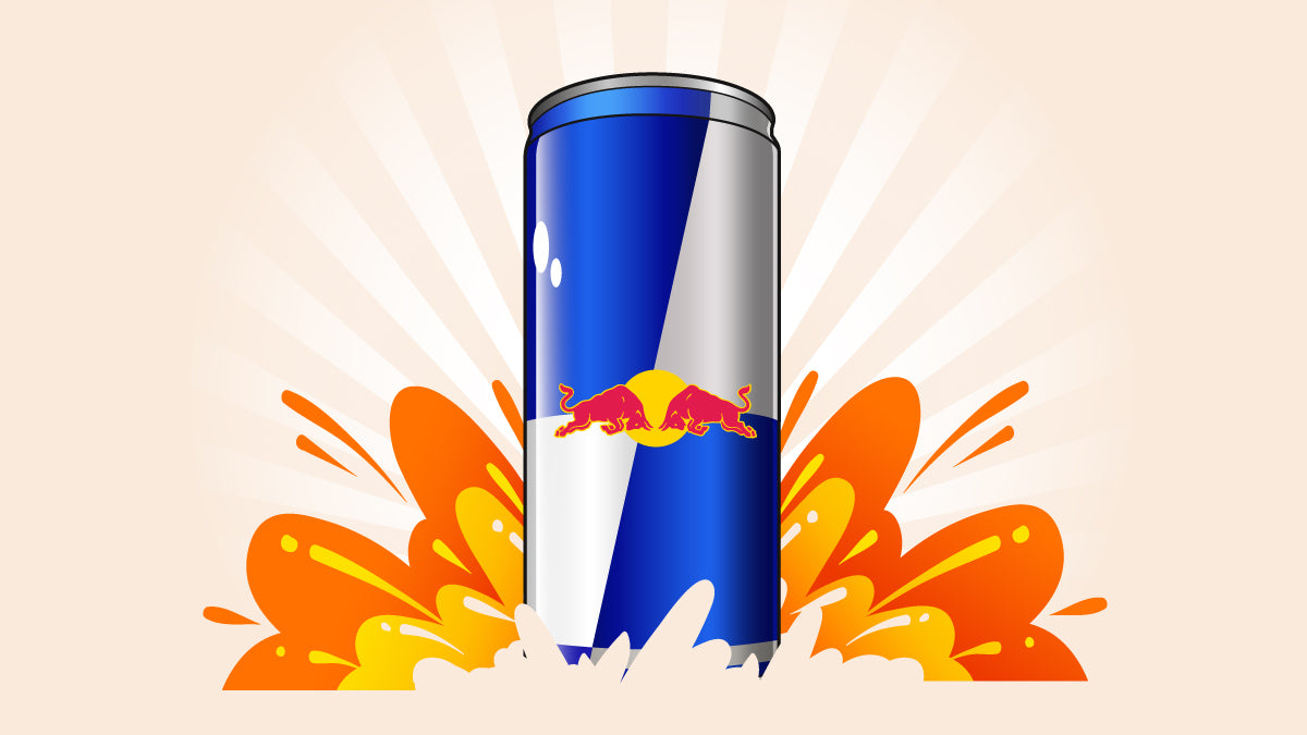 A can of red bull with explosion effects on the background.