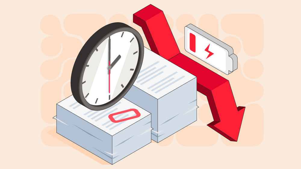 Clock, paper stacks, and low battery icon beside a red downward arrow, symbolizing stress or burnout.