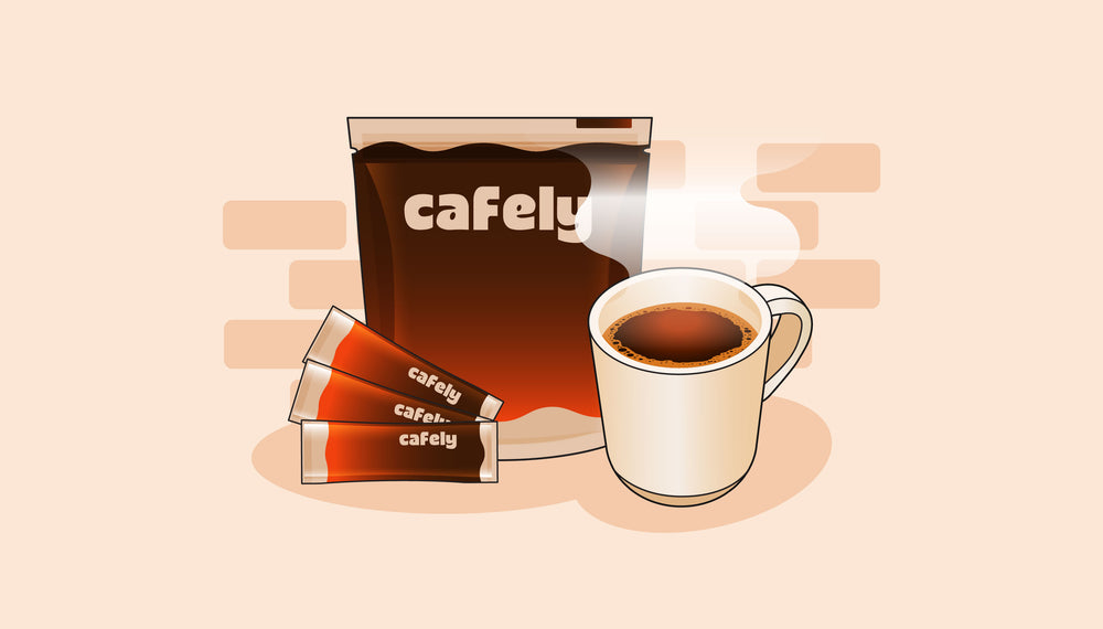 a coffee bag labeled 'cafely,' three instant coffee sachets, and a white coffee mug filled with hot coffee