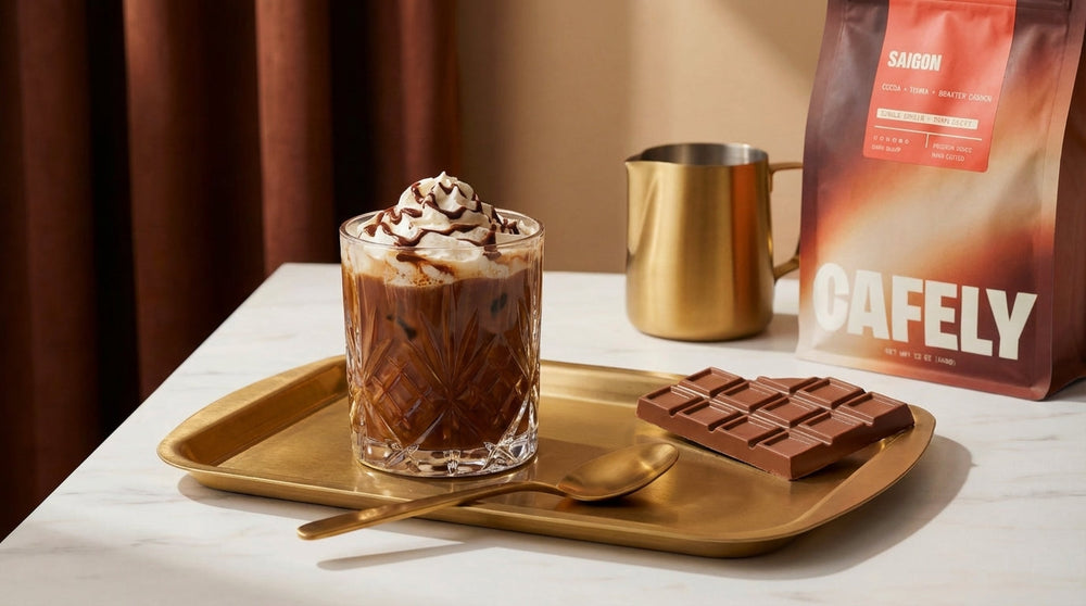 Iced coffee topped with whipped cream and chocolate drizzle on a tray, beside a Cafely Saigon coffee bag, milk pitcher, and chocolate bar.