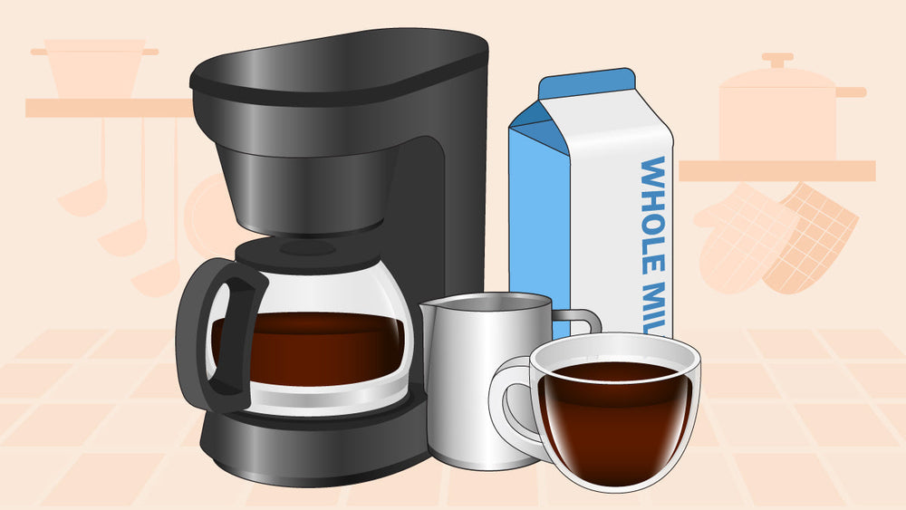 Coffee maker with a pot of brewed coffee, whole milk carton, metal pitcher, and a cup of coffee.