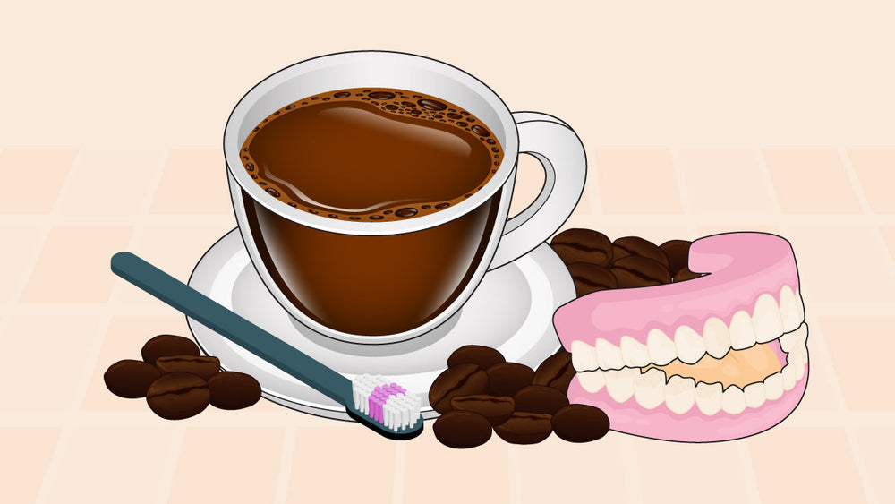 Cup of coffee with coffee beans, a toothbrush, and dentures.