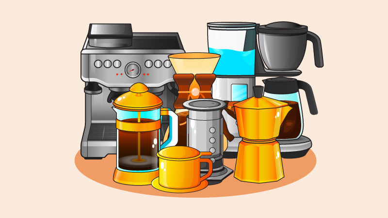Various coffee makers including espresso machine, drip coffee maker, Chemex, French press, AeroPress, and moka pot.