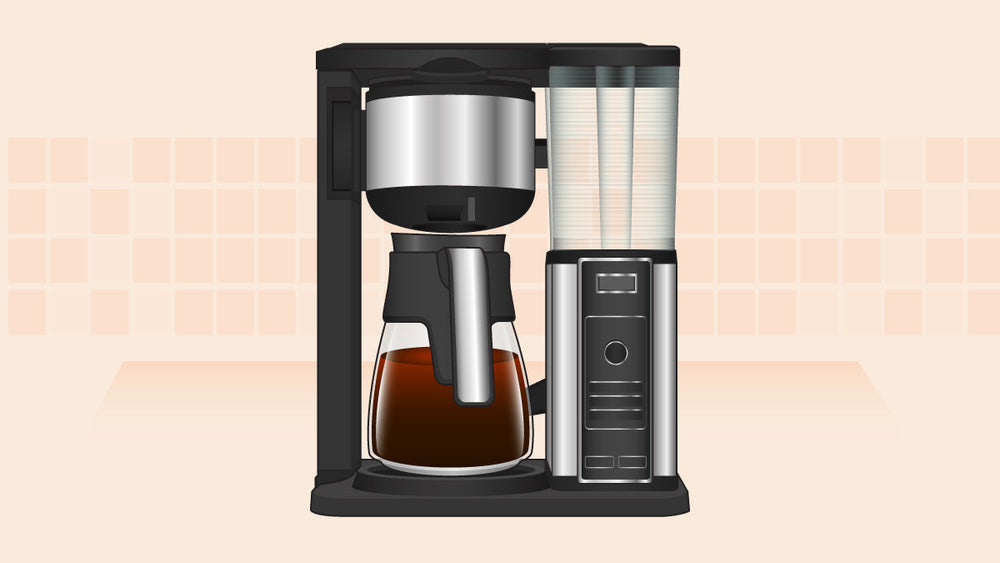 Ninja coffee maker with a glass carafe filled with coffee and a stacked dispenser of paper cups.