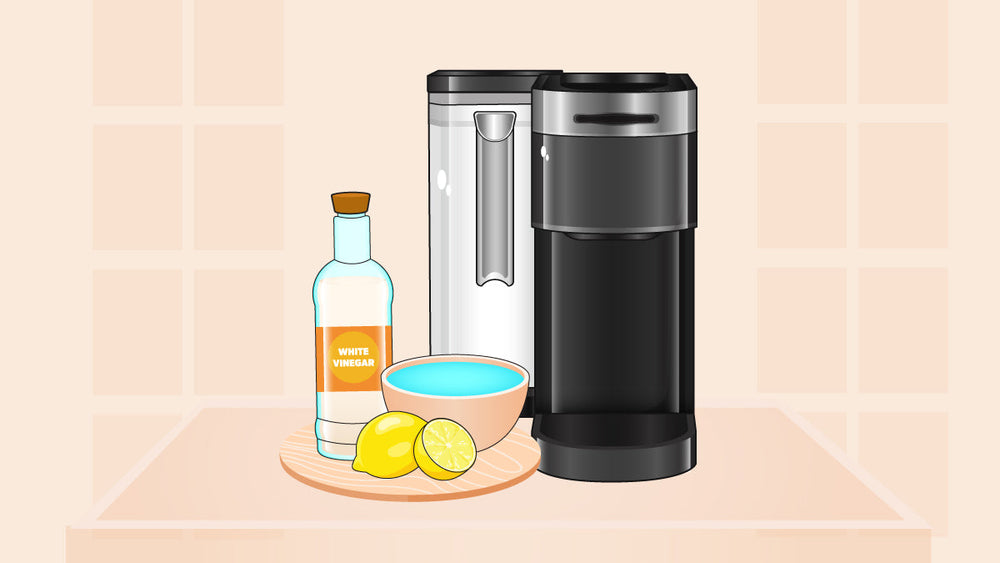 Keurig coffee machine on a kitchen counter with white vinegar, a bowl of water, and lemons