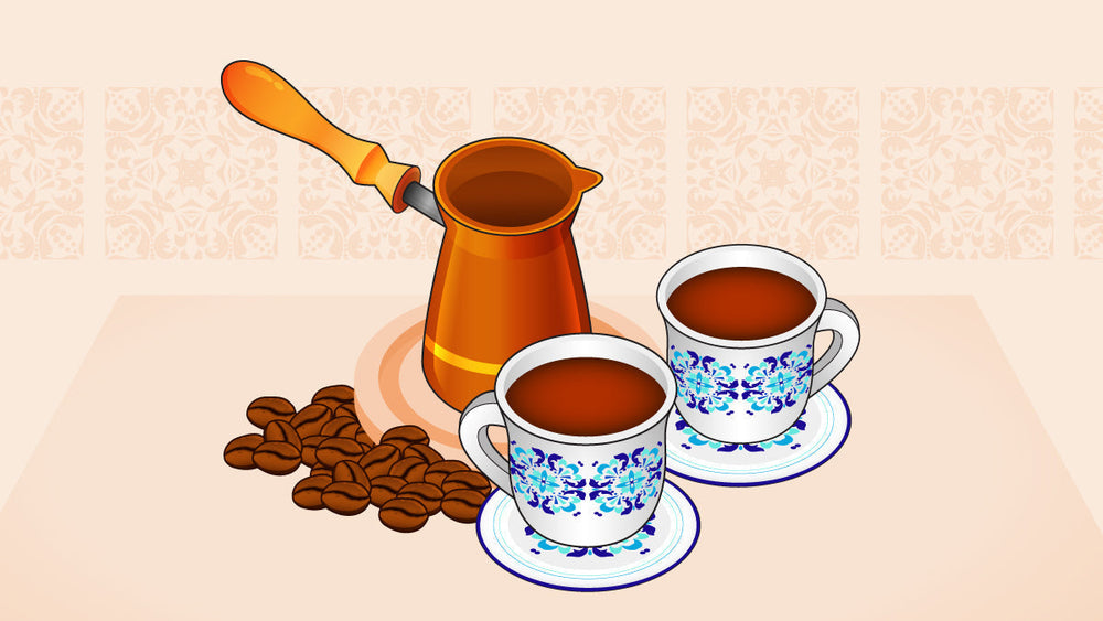 Two floral cups of coffee, a cezve pot, and scattered coffee beans on a patterned surface.