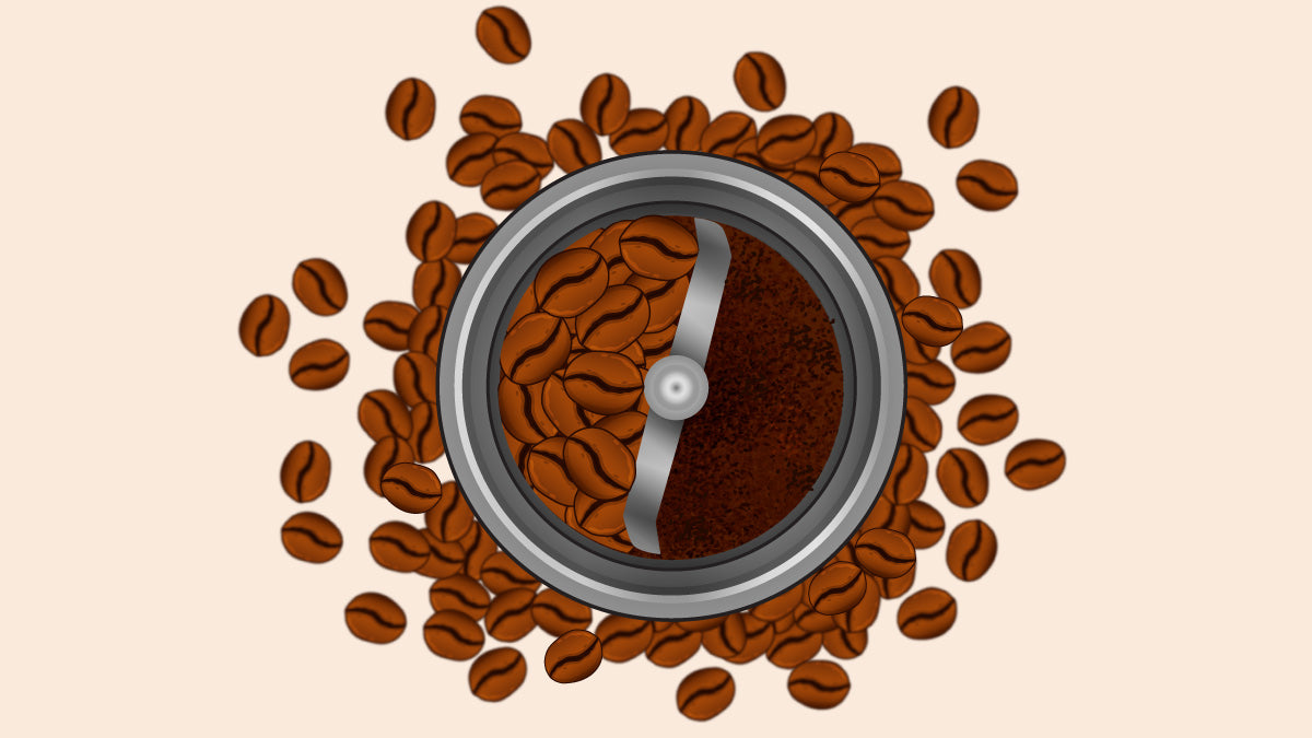 Coffee beans inside a coffee grinder with half of it already turning to ground coffee.