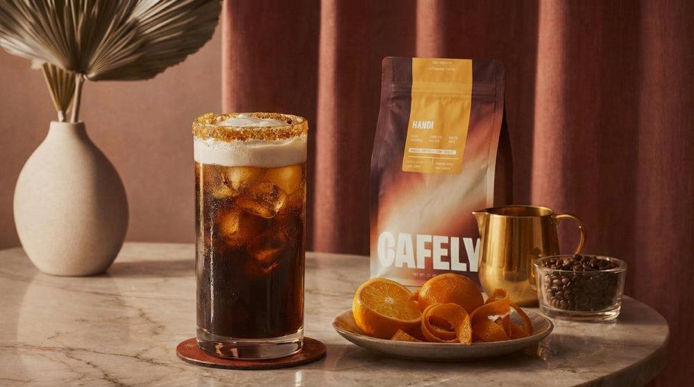 Tall iced coffee with foam and a sugar rim beside a Cafely Hanoi coffee bag, orange slices, and coffee beans.