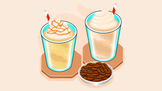 Two glasses of whipped coffee topped with cream and caramel drizzle