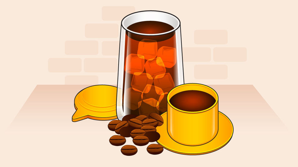 Vietnamese coffee served hot in a yellow cup and iced in a tall glass, with coffee beans and a Phin filter lid
