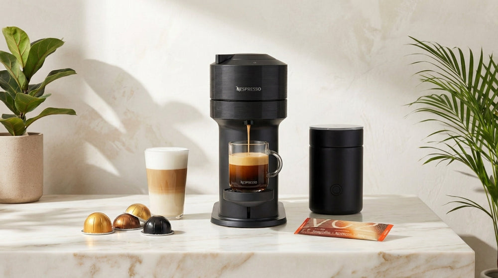 Nespresso machine brewing espresso into a glass mug beside capsules, a latte, and a storage container on a countertop.