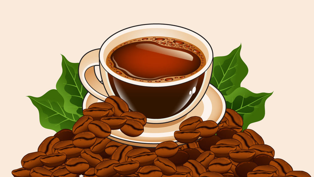 a cup of black coffee on a saucer, surrounded by roasted coffee beans and green leaves