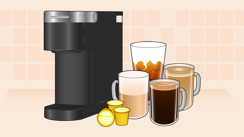 Single-serve coffee maker with coffee pods and four coffee beverages, including iced coffee, latte, cappuccino, and black coffee
