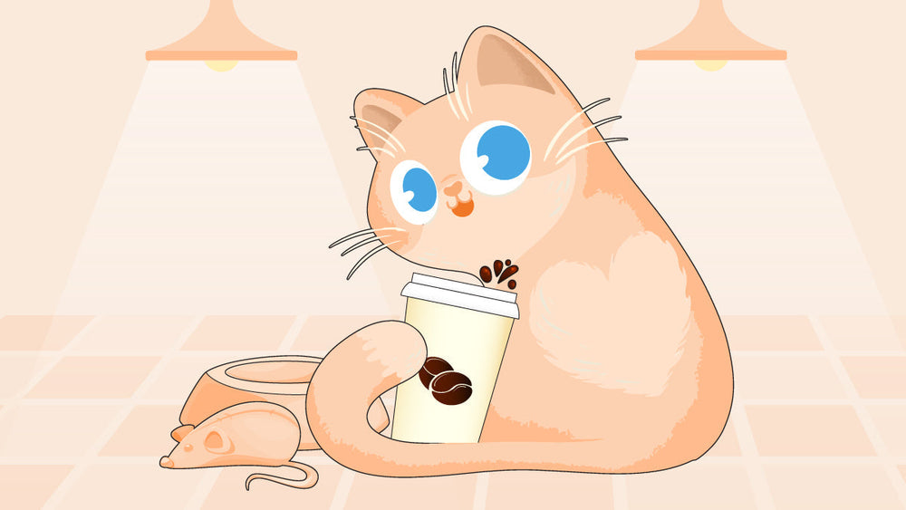 Cute cartoon cat holding a coffee cup beside a toy mouse and food bowl.