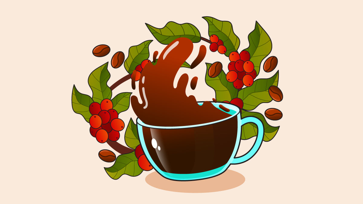 An illustration of a cup filled to the brim with Vietnamese coffee, with coffee beans scattered in the background.