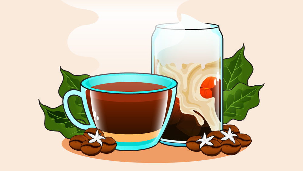 Two cups of hot coffee with coffee beans and leaves surrounding them.