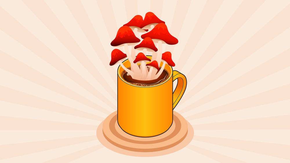 Yellow coffee mug filled with coffee and vibrant red mushrooms growing out
