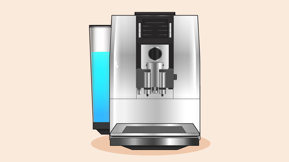 Jura coffee maker with a sleek silver design and blue water reservoir.