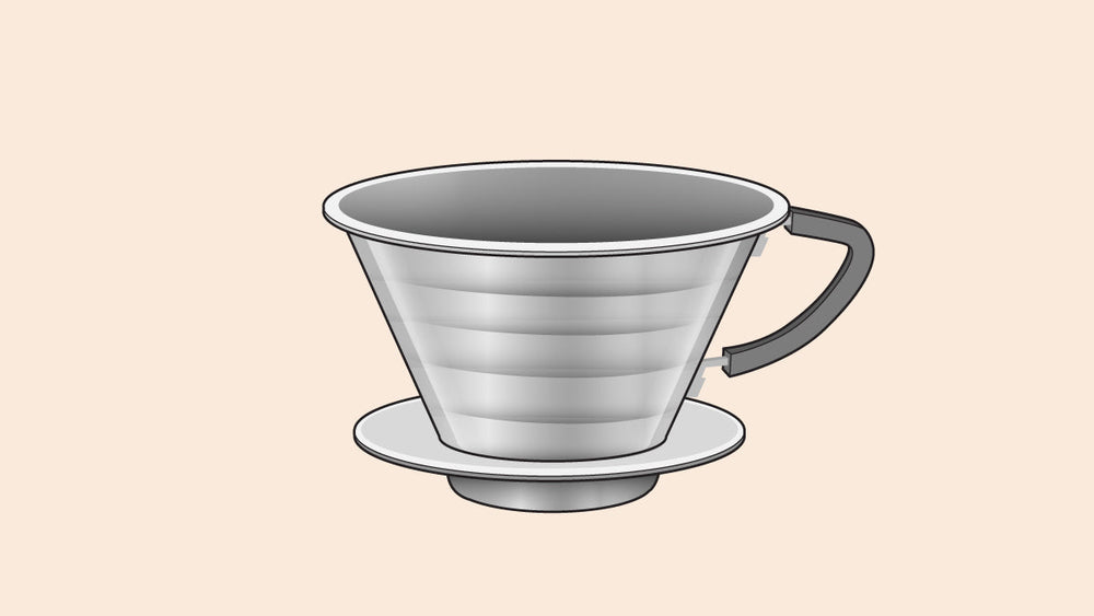 Silver Kalita Wave coffee dripper with a black handle.
