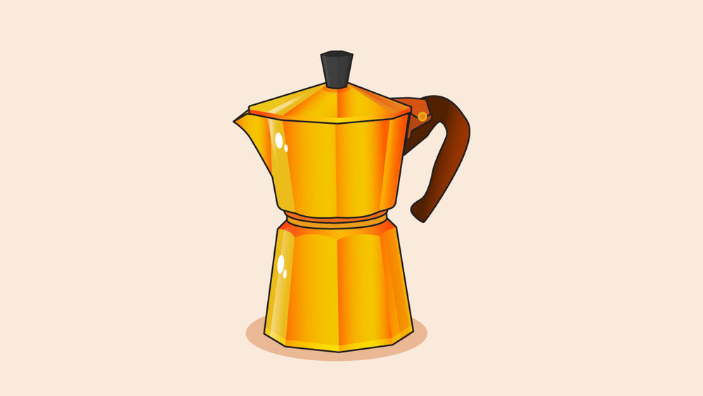 Illustration of a golden-yellow Moka pot with an octagonal body, black lid knob, and brown handle, used for brewing strong stovetop coffee