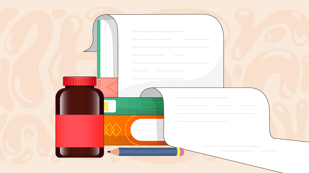 Medicine bottle, stacked books, long prescription paper, and pencil.