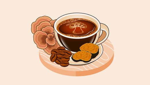 Cup of mushroom coffee with foam art, coffee beans, reishi, and chaga mushrooms
